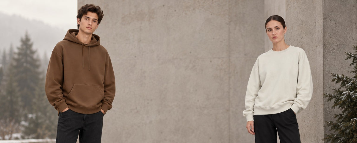 Kahverengi oversize hoodie ve krem oversize sweatshirt giyen modeller - Tejj Wear kış koleksiyonu
