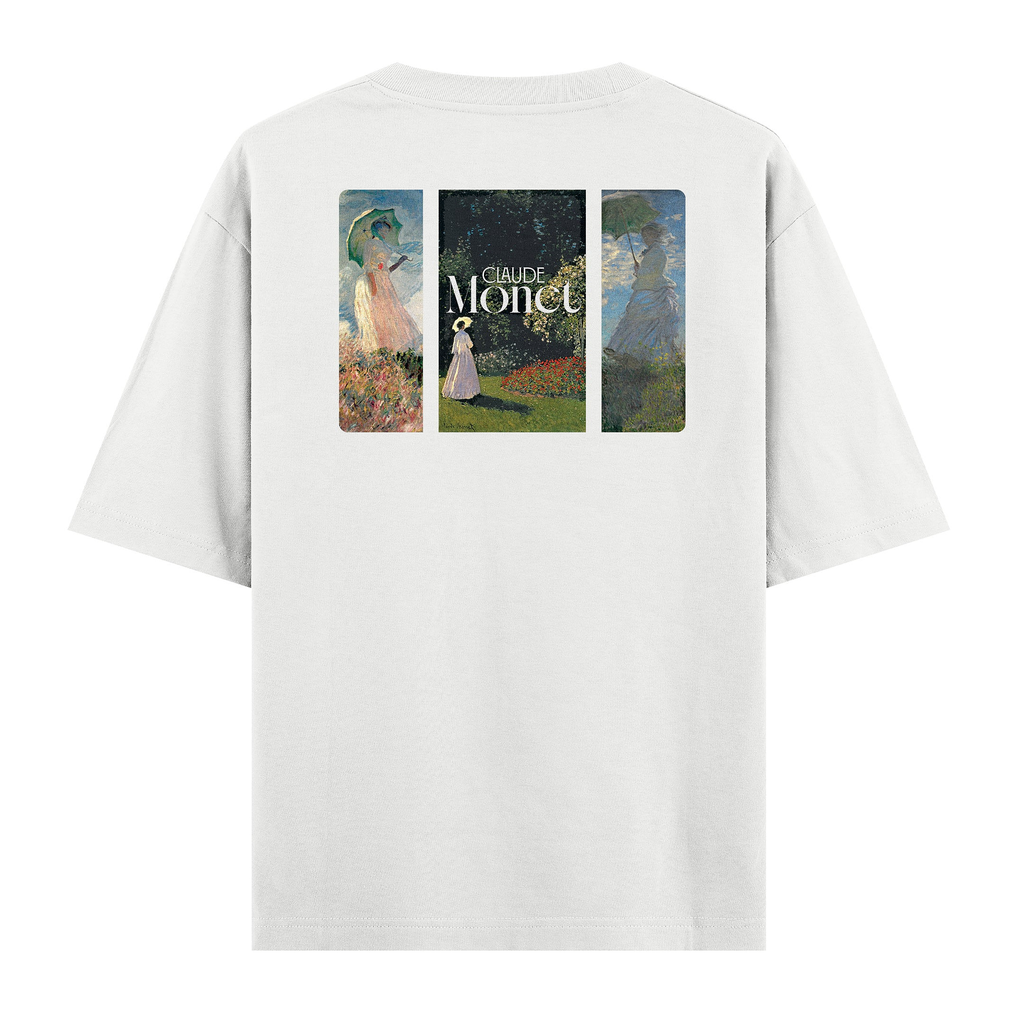 Claude Monet Işığın Kendisi baskılı beyaz oversize tişört – sırt baskısı, ürün çekimi