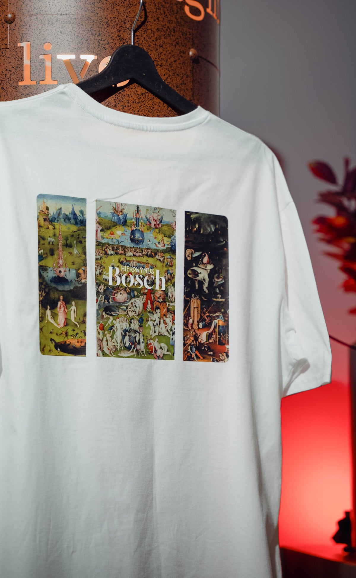 Hieronymus Bosch Ne Cennet Ne Cehennem baskılı beyaz oversize tişört giyen model – günlük kullanım
